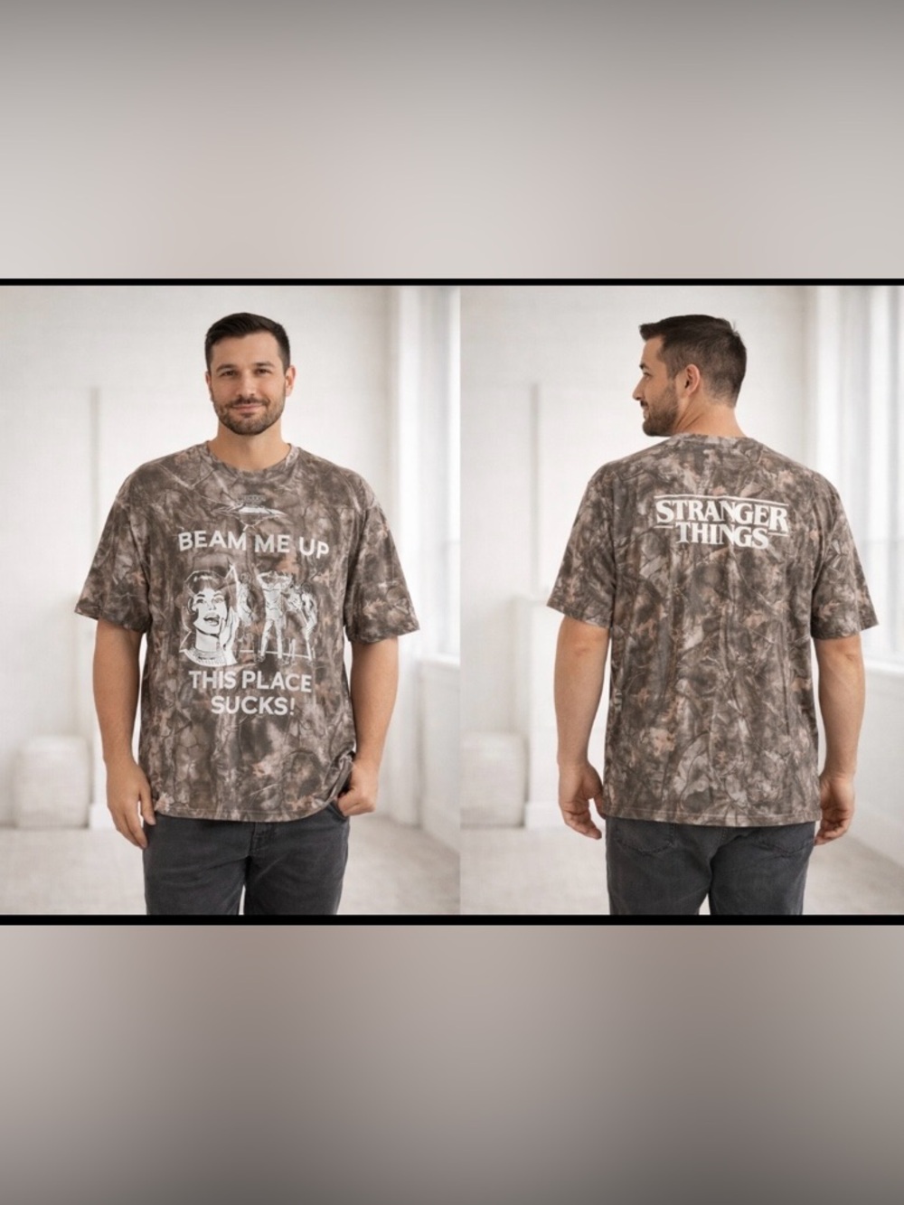 Stranger Things Men’s  ‘Beam Me Up' Graphic Short Sleeve Tee Brown Camo Size XXL